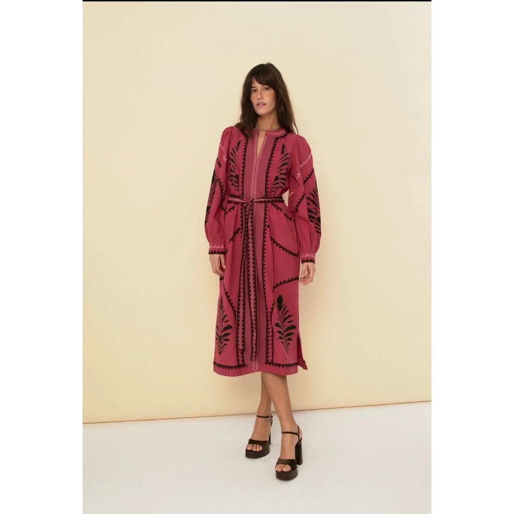 Sonmer Pink Embroidered Cotton Midi Dress XL Balloon Sleeve Belted Boho Fuchsia